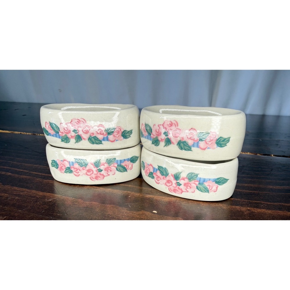 VTG Thiensan Ceramic Napkin Rings Set of 4‎ Pig Pals Cottagecore Cream Oval